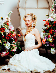 beauty emotional blond bride in luxury interior dreaming, crazy 