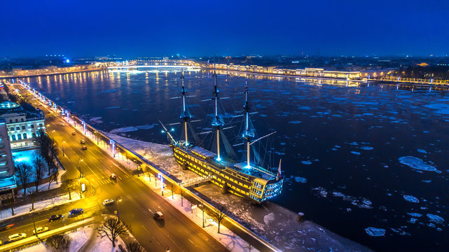 Saint Petersburg. Neva river with ice. Winter in St. Petersburg. Ice floats floating on the Neva River. Russia. Winter in Russia.