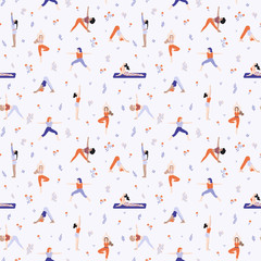 Cute yoga women pattern, seamless vector repeat. Modern hand drawn illustration style. Great for textile design, paper products etc.