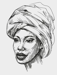 Face of african woman. Hand drawn sketch converted to vector