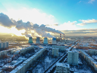 Thermal Power Station in Moscow, sunset in winter top view