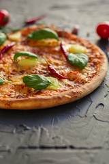 pizza, pineapple, chicken, tomato sauce, cheese, basil (pizza ingredients). Hawaiian pizza. Top view. copy space