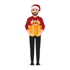 A man holding a gift box, a happy man wearing a Christmas hat, vector illustration on white background