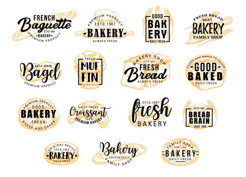 Bread products icons with lettering. Bakery signs