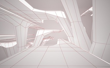 Fototapeta premium Abstract white interior highlights future. Polygon red drawing. Architectural background. 3D illustration and rendering