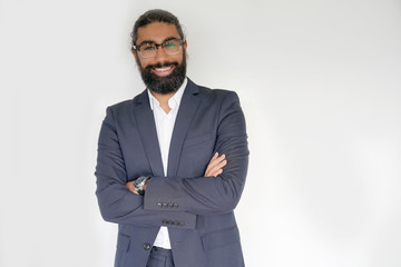 Hipster style businessman standing on white background