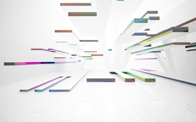 abstract architectural interior with white sculpture and geometric glass lines. 3D illustration and rendering