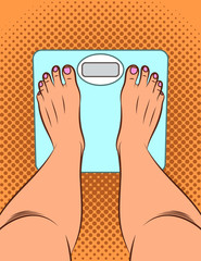 Color vector illustration in pop art style. The girl stands on the scales. A girl measures her weight. Female legs top view. Electronic scales on the floor
