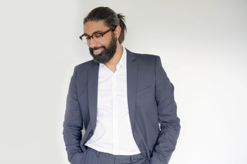 Hipster style businessman standing on white background