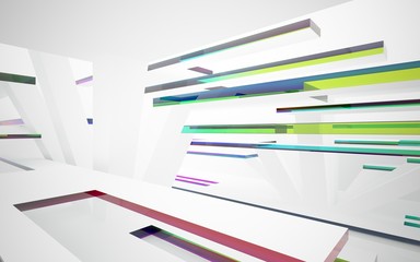 abstract architectural interior with white sculpture and geometric glass lines. 3D illustration and rendering