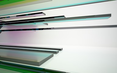 abstract architectural interior with gradient geometric glass sculpture with black lines. 3D illustration and rendering