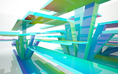 Abstract dynamic interior with gradient colored objects. 3D illustration and rendering