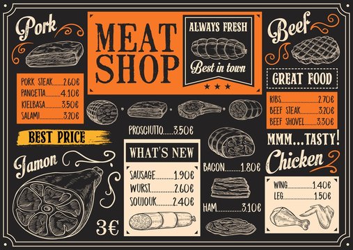 Meat products menu of meat sketch on chalkboard
