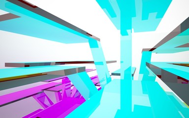 Abstract dynamic interior with colored objects. 3D illustration and rendering