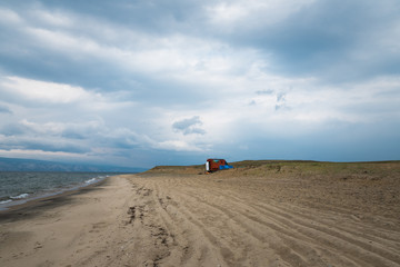 Mobile spa on the shoreline of Lake Baikal in Siberia