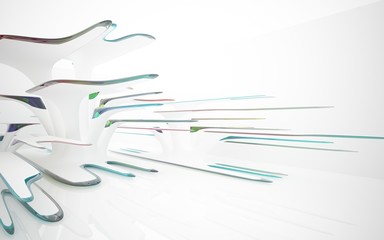 Abstract dynamic interior with white smooth objects and  colored glass lines. 3D illustration and rendering