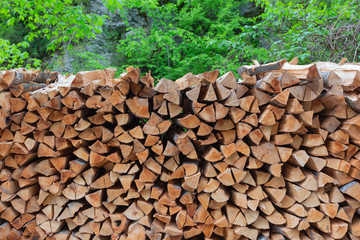 stack of chopped firewood in forest