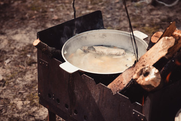 Cooking ear in a pot over campfire
