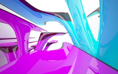abstract architectural interior with colored smooth glass sculpture with brown lines. 3D illustration and rendering
