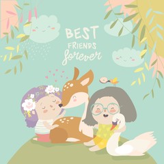 Funny cartoon girls with cute deer.Best friends