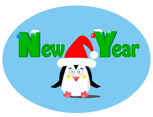 New Year Penguin with a Santa Claus hat and with the inscription New Year on a turquoise background, for stickers, stickers, cards and for holiday decoration