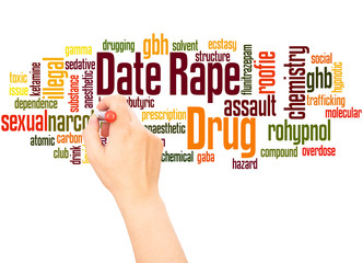 Date rape drug word cloud hand writing concept