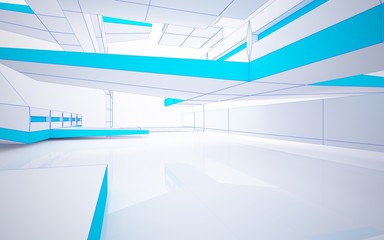 Abstract white interior highlights future. Polygon drawing and blue glossy lines. Architectural background. 3D illustration and rendering