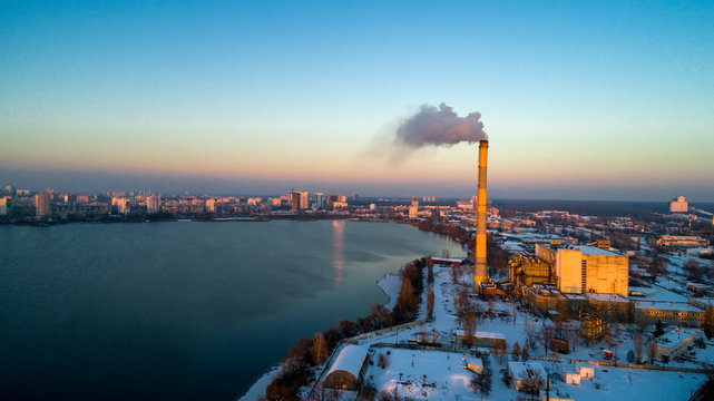 Aerial View Of The Waste Incinerator Plant With Smoking Smokestack