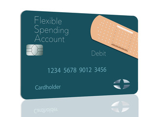 Here is a Flexible Spending Account medical insurance debit card in a modern design and is decorated with an adhesive bandage to go with the medical spending theme.