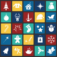 Christmas icons set on color squares background for graphic and web design, Modern simple vector sign. Internet concept. Trendy symbol for website design web button or mobile app