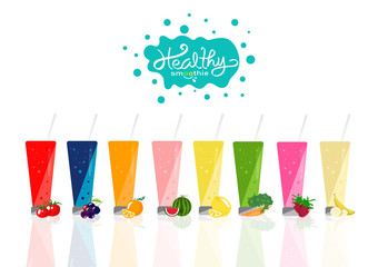Healthy smoothie collection balance diet menu, fresh drinking product, vegetable and fruit juicy concepts on white space background vector illustration