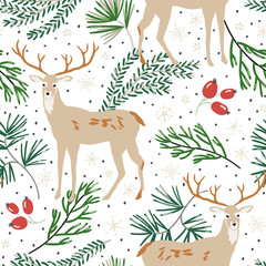 Christmas seamless pattern, white background. Forest deer animals, green pine twigs, berries, snow. Vector illustration. Nature design. Season greeting digital paper. Winter Xmas holidays