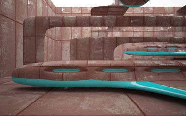 Empty smooth abstract room interior of sheets rusted metal with glossy blue surface. Architectural background. 3D illustration and rendering