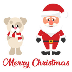 cartoon christmas santa claus and winter christmas dog with scarf and christmas text