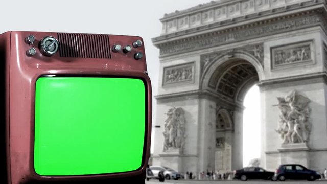 Old TV Green Screen Over The Triumphal Arch in Paris, You can replace green screen with the footage or picture you want with “Keying” effect in AE  (check out tutorials on YouTube).
