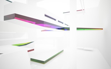 abstract architectural interior with white sculpture and geometric glass lines. 3D illustration and rendering