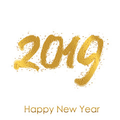 Happy New Year greeting card with golden sparkles. 2019. Vector