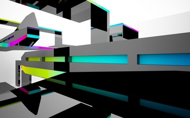 abstract architectural interior with black  sculpture with gradient geometric glass lines. 3D illustration and rendering