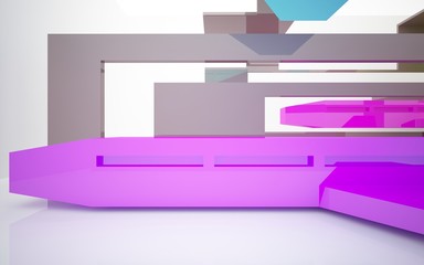 Abstract dynamic interior with colored objects. 3D illustration and rendering