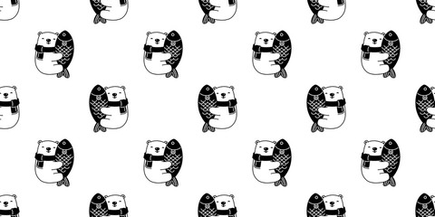Bear seamless pattern vector polar bear hug fish salmon tuna cartoon illustration repeat wallpaper scarf isolated tile background