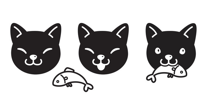 cat vector icon kitten calico eating fish salmon tuna logo cartoon character illustration head doodle black