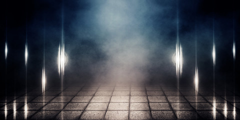 Background of an empty foggy street with a wet paving slab, smoke, illuminated by a searchlight,...