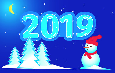 New year 2019 card with snowman firs and snow