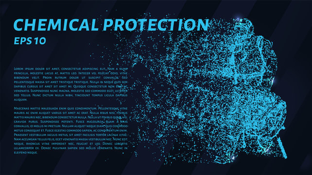 Chemical protection. A grid of blue stars in the night sky. Glowing dots create a human figure in a protective suit. Chemistry, safety, biosecurity, hazard and other concepts illustration.