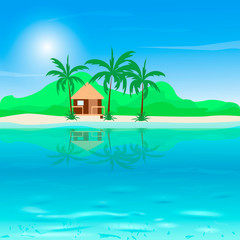 Fototapeta na wymiar Sea beach with bungalow. Beautiful small villas on the ocean seaside. Summer landscape, vacation concept in flat style.