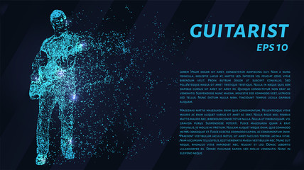 Fototapeta na wymiar Guitarist. A grid of blue stars in the night sky. Glowing dots create the figure of the guitarist. Music, performances, rock and other illustration or background concepts.