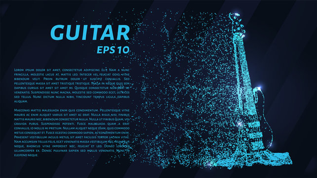 Electric guitar. A grid of blue stars in the night sky. Points of light create the shape of the guitar. Music, performances, rock, musical instruments and other illustration or background concepts.