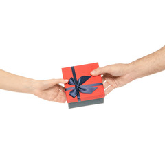 Two hands taking a box gift on white background isolation