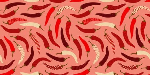 Clean easy going pepperoni peppers pattern, seamless vector repeat on plain warm background. Trendy flat illustration style. Great for textiles, paper and other surfaces.