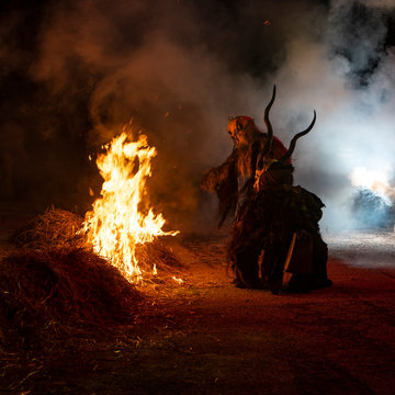 The Krampus masks exhibition in the night.